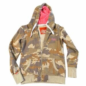 The Superdry Orange Label Women's Camo Zip Up Sweatshirt Hooded Jacket Medium